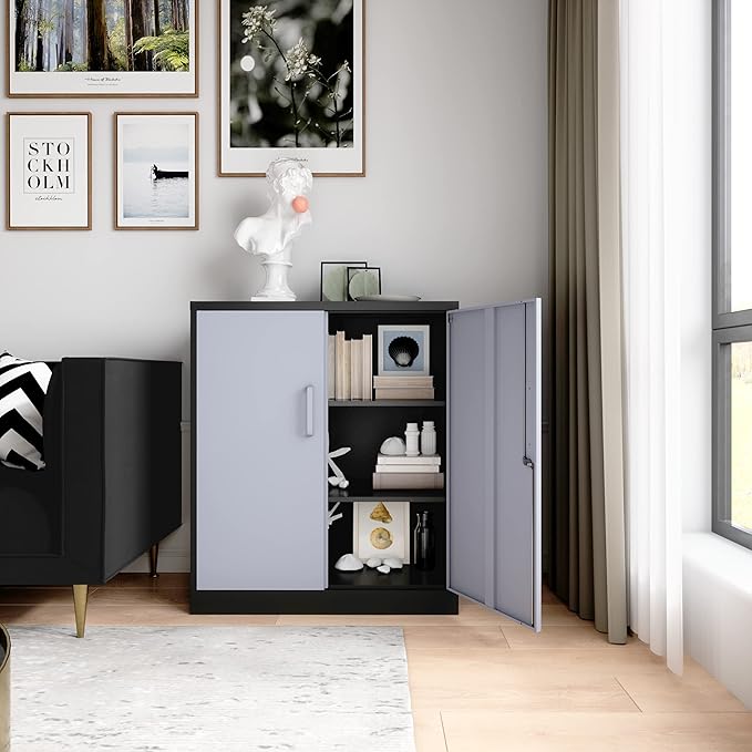 Metal Storage Cabinet, Storage Cabinet with 2 Doors and Shelves, Metal Cabinet with Lock, Small Lockable Cabinet for Home Office (Black Grey)