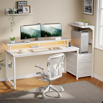 DUMOS L Shaped Gaming Desk with Shelves Storage Drawers 59'', White Computer Desks with LED Lights Power Outlets, Office Wood Table with PC Stand Cable Management for Bedroom Dual Monitor Streaming