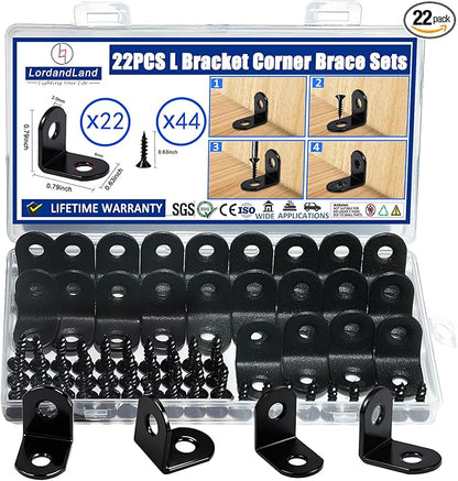 22PCS L Bracket Corner Brace Sets, Stainless Steel Corner Brackets, 90 Degree Right Angle Bracket, Metal L Brackets for Shelves Wood Furniture Cabinet Chair Drawer with 44PCS Screws, Black (20mmx20mm)