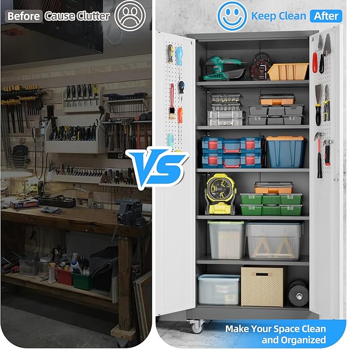 71" H Garage Storage Cabinet with Wheels, Lockable Metal Storage Cabinet with Doors,5 Adjustable Shelves and Pegboard for Garage Home Utility Room,Required Assembly,Grey&White