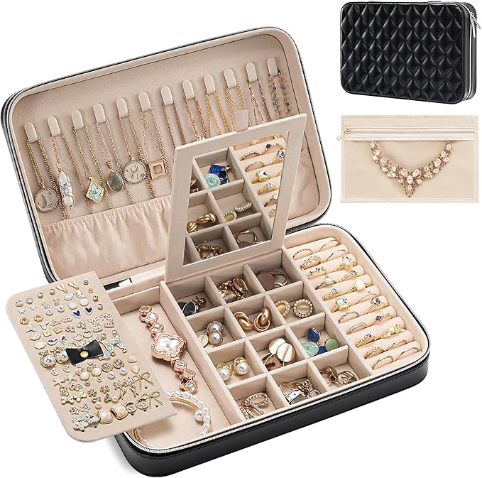 Lolalet Travel Jewelry Case for Women Girls, Travel Jewelry Organizer Box with Mirror & Clear Storage Bag, Small Portable Earring Necklace Bracelet Ring Case, Birthday Valentine Gifts -Large, Black