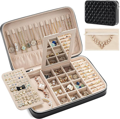 Lolalet Travel Jewelry Case for Women Girls, Travel Jewelry Organizer Box with Mirror & Clear Storage Bag, Small Portable Earring Necklace Bracelet Ring Case, Birthday Valentine Gifts -Large, Black