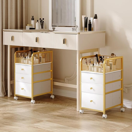 Rolling Makeup Vanity Cart, Makeup Organizer with Drawers, Rolling Makeup Bathroom Storage Cart, Cosmetic Vanity Display Cases Holder for Nail Polish Brush Hair Tool (Gold)