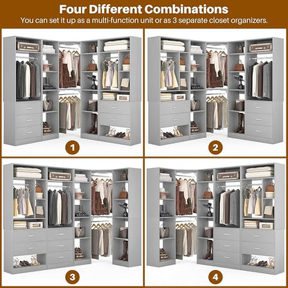 Corner Closet System with 5 Drawers, Closet Organizer System with 15+Shelvess & 4 Hanging Rods, 63.2"L * 63.2"W / 87.2"L * 39.2"W Reversible L Shaped Walk-in Closets, Load 2500+LBS, Grey