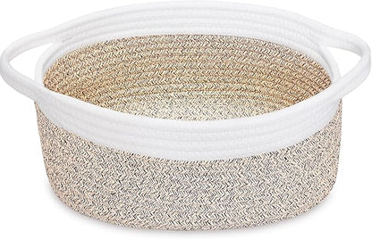 ABenkle Small Woven Basket, 12" x 8" x 5" - Cute Storage Basket with Handles for Room, Cat & Dog Toys, Gift Box