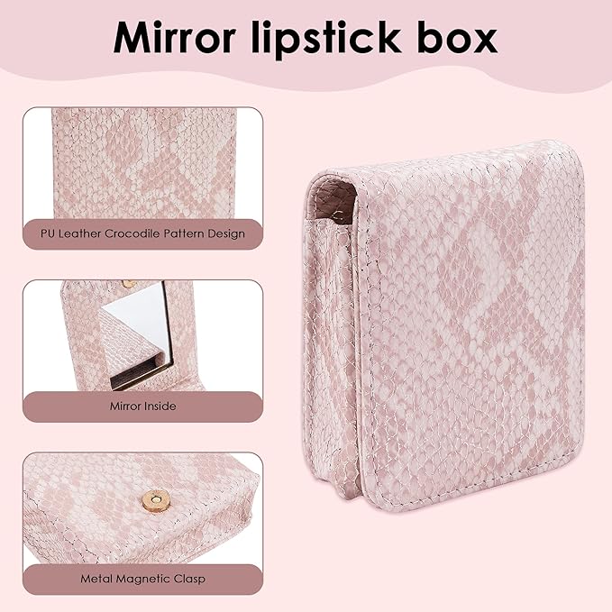 Pink Lipstick Holder, Lipstick Case with Mirror, Mini Portable Makeup Holder for Women Girls, for Outside Mini bag Travel Cosmetic Pouch (1Pcs)
