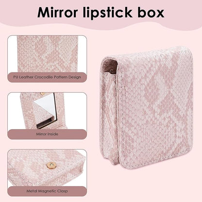 Pink Lipstick Holder, Lipstick Case with Mirror, Mini Portable Makeup Holder for Women Girls, for Outside Mini bag Travel Cosmetic Pouch (1Pcs)