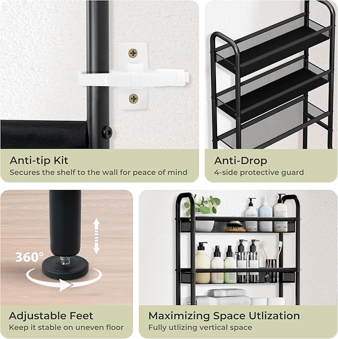 3 Tier Over The Toilet Storage Shelf, Black Bathroom Over The Toilet Storage Rack, Space Saving Above Toilet Storage Shelf with Vinyl Mesh Surface, Bathroom Toilet Shelf Rack Organizer