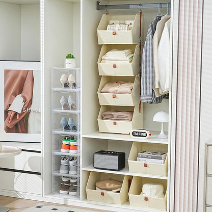 4 Tier Hanging Closet Organizer,Disassemblable Clothes Hanging Shelves,Fabric Closet Organizer System for Space-Saving,Foldable Storage Basket for Bedroom, Rv (1 Pack,Beige)