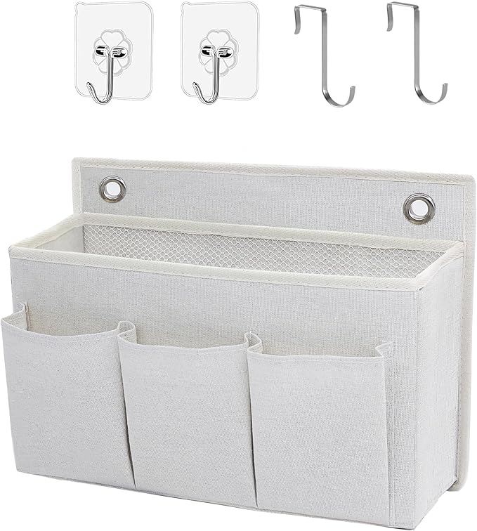Wall Hanging Organizer Bag/Hanging Baskets with Large Mesh Compartment & 3 Pockets，Over the Door Organizer Space Saving Storage for Bedroom,RV Camper, Closet (White- 1 Pack)