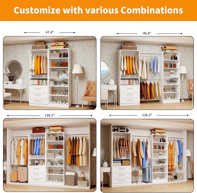 Closet System with 2 Sets, 4FT Closet Organizer Systems with 3 Wooden Drawers 7 Shelves & 3 Hanging Rods, Walk in Closet freestanding Corner Modular Closet Storage System White (4FT)
