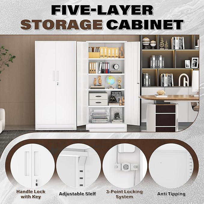 72” Metal Storage Cabinet, Lockable File Cabinets with 2 Doors and 4 Adjustable Shelves, Steel Tool Cabinets with Lock for Office, Home, Gym, White-Small