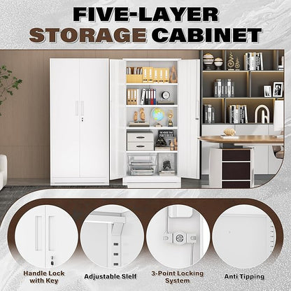 72” Metal Storage Cabinet, Lockable File Cabinets with 2 Doors and 4 Adjustable Shelves, Steel Tool Cabinets with Lock for Office, Home, Gym, White-Small