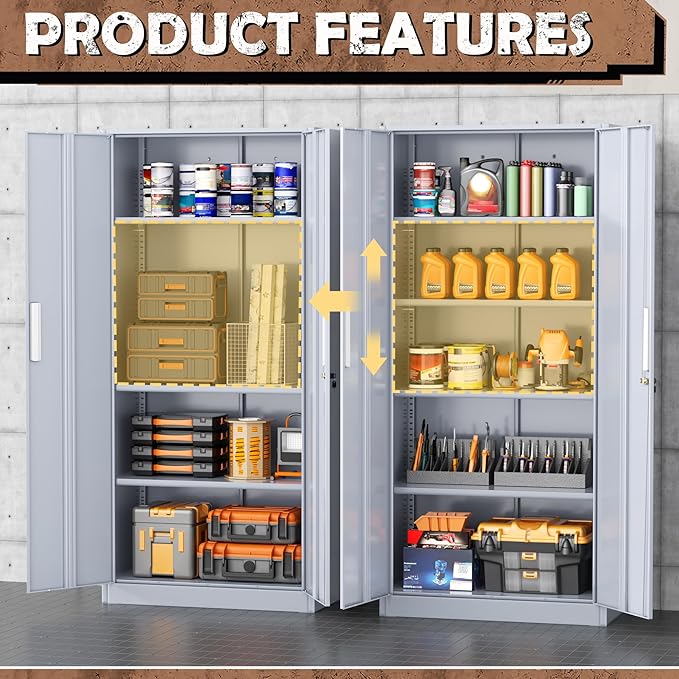 INTERGREAT Metal Storage Cabinet, 72” H Storage Cabinet with Doors and Adjustable Shelves for Office, Home, Garage, Pantry (Assembly Required, Cement Grey)