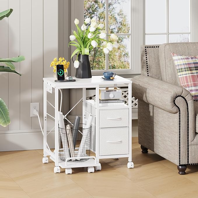 YAOHUOO Printer Stand with Power Outlet/Fabric Drawers, Printer Cabinet with Storage Shelf and Rolling Shredder Stand, Printer Table for Home Office, 22.8"×15" White