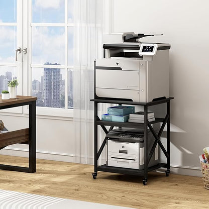 Printer Stand, 23.6 x 23.6 x 30.1 Inches Large Square Printer Table with Height Adjustable Storage Shelf, 3 Tier Rolling Printer Cart with Industrial Wheels for Home Office - Black