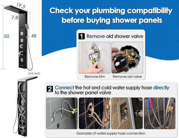 ROVOGO Shower Panel Tower System with LED Lights - No Battery Needed, Shower Column with Rainfall Waterfall Shower, Body Jets, Handheld Shower, Tub Spout and Temp Display, Black