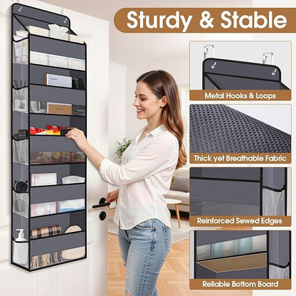 WISELIFE Over The Door Organizer Storage with 5 Large Pockets Door Hanging Organizer with Clear Windows behind The Door Storage for Nursery Bedroom Bathroom Pantry Closet and Baby Essentials Dark Grey