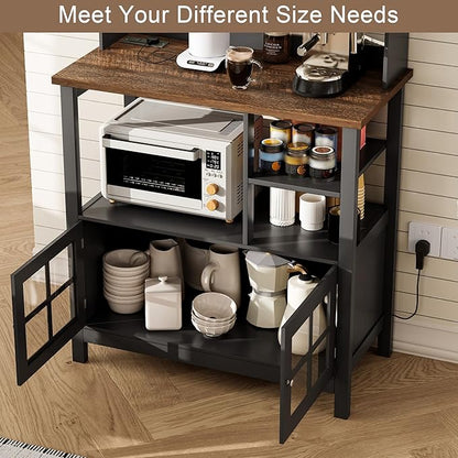 ChooChoo Farmhouse Coffee Bar Cabinet with Storage, Bakers Rack with Power Outlets, Microwave Stand Kitchen Cabinet with Hutch and 6 Hooks, Black