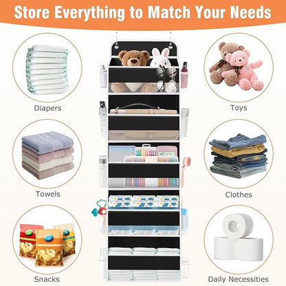WISELIFE Over The Door Organizer - 5 Shelves Large Capacity Hanging Bedroom Storage Solution with Side Pockets for Dorm Bathroom Pantry Nursery and Baby Essentials Holds up to 40 Lbs (Black)