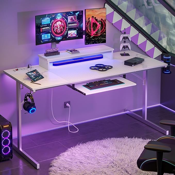 Bestier 63 Inch Gaming Desk with LED Lights & Power Outlets Computer Desk with Laptop Stand & Keyboard Tray Modern PC Desk with Headset Hook for Home Office, Carbon Fiber and Marble Splicing White