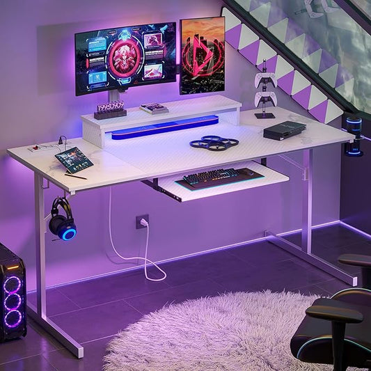 Bestier 63 Inch Gaming Desk with LED Lights & Power Outlets Computer Desk with Laptop Stand & Keyboard Tray Modern PC Desk with Headset Hook for Home Office, Carbon Fiber and Marble Splicing White