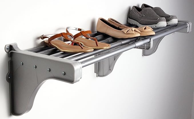 EZ Shelf-Expandable-Closet Shelf (NO Hanging Rod)- 42.5” to 75” -Silver-Easy Install to Backwall(Floating)-Wire Closet Shelving Alternative-(EZS-S72S-1-2)