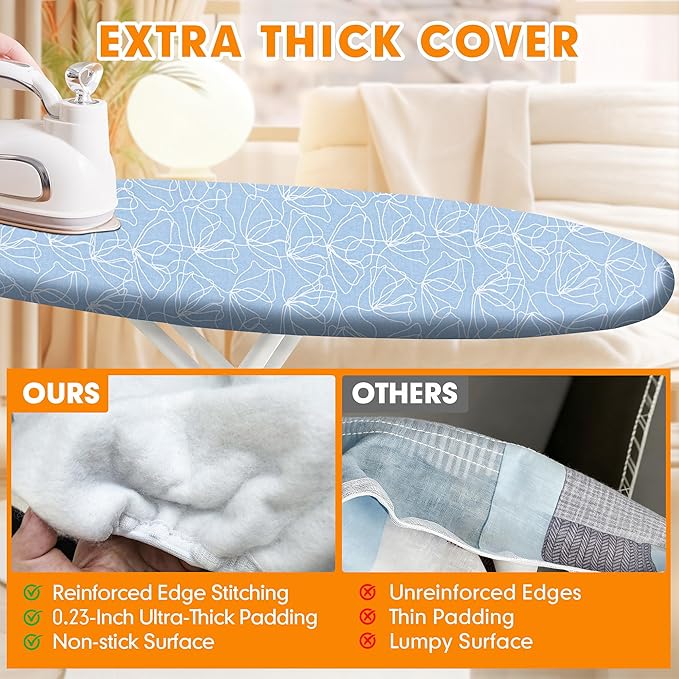 Ironing Board Cover and Pad, 15x54 Standard Size Thick Iron Padding, Scorch & Stain Resistant Ironing board cover, Heavy Duty Iron Board Padded with Adjustable Fasteners Durable Elastic Edge, Sky Blue