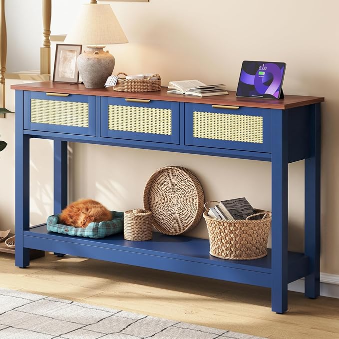 Luoxiao 47" Blue Entryway Table with 3 Rattan Drawers and Open Shelf Storage, Long Sofa Tables for Living Room, Console Entry Table for Hallway, Foyer, Couch, Front Door