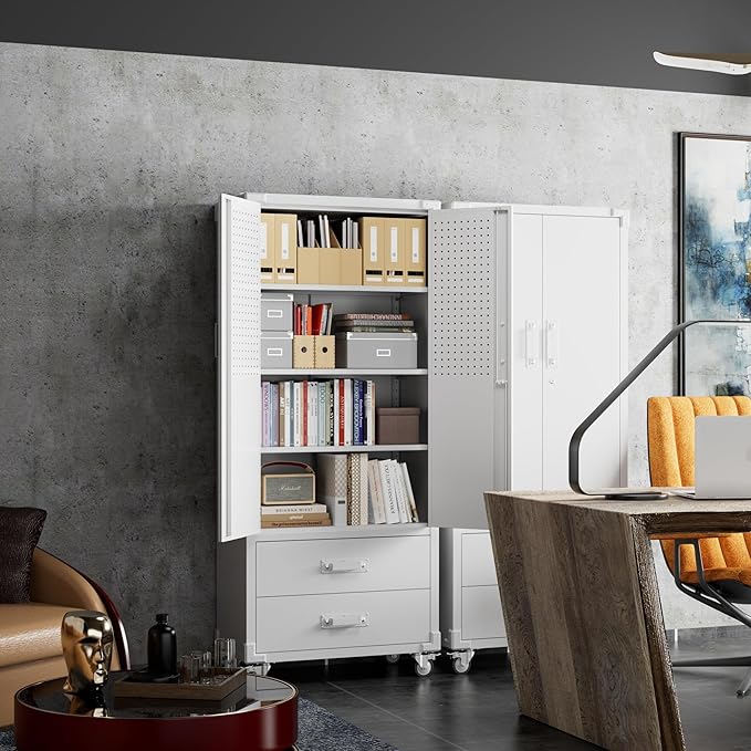 Garage Storage Cabinet with 2 Drawers and Pegboard, Metal Storage Cabinet with 2 Lockable Doors for Garage Home Warehouse,Required Assembly,White,71.2" H*15.2" D*30" W