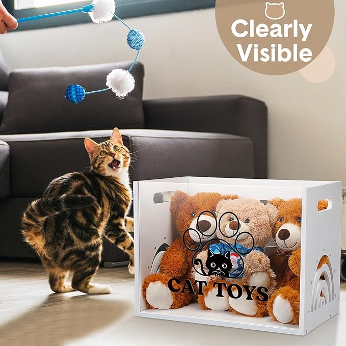 Large Cat Toy Basket Cat Toy Box Wooden Storage Bin with Acrylic Board Storage Box for Puppy Toys Pet Food and Accessories Organizer Holder Basket for Living Room Area(White, Cat)