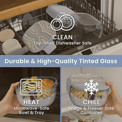 Bentgo Glass Prints Salad Container - 7.6-Cup Tinted Glass Salad Bowl with Airtight Lid, Leak-Proof Sauce Container, 4-Compartment Bento Meal Prep Tray & Reusable Fork (Wildly Chic - Soft Blue)