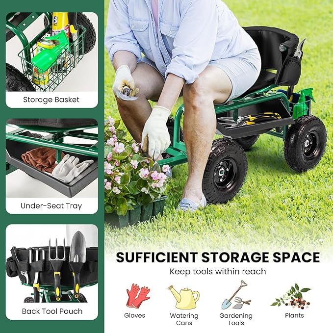 Giantex Rolling Garden Cart, 360 Swivel Workseat with 4 Wheels, Removal Cushion & Tool Tray, Storage Basket, Gardening Wagon Scooter with Adjustable Height, Handle (Green)