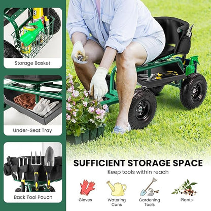 Giantex Rolling Garden Cart, 360 Swivel Workseat with 4 Wheels, Removal Cushion & Tool Tray, Storage Basket, Gardening Wagon Scooter with Adjustable Height, Handle (Green)