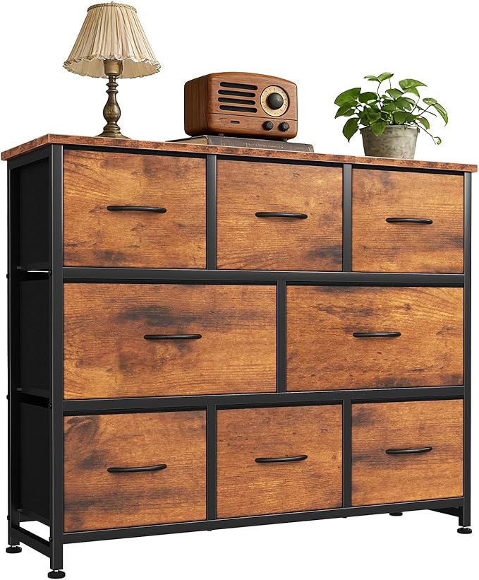 DUMOS TV Stand, Dresser with 8 Fabric Drawers, Spacious Storage Tower for Closet, TV Stand with Wood Top and Mental Frame, Storage Unit for Living Rooms, Bedroom and Entryway, Brown