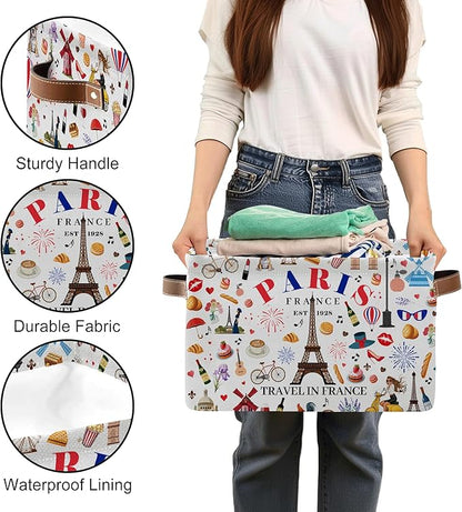 Paris Themed Storage Basket - Eiffel Tower Print Collapsible Bin with Handles - Eiffel Tower Toy Bins - Eiffel Tower Pattern Storages Bin for Kids Clothes, Gifts, Books