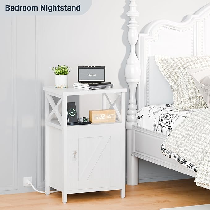Wooden Nightstand with Lock, Bed Side Table with Drawers, Bedside Table with Charging Station, 3 USB & 2 Outlets, Night Stand with Storage, End Tables for Bedroom, Dorm, White