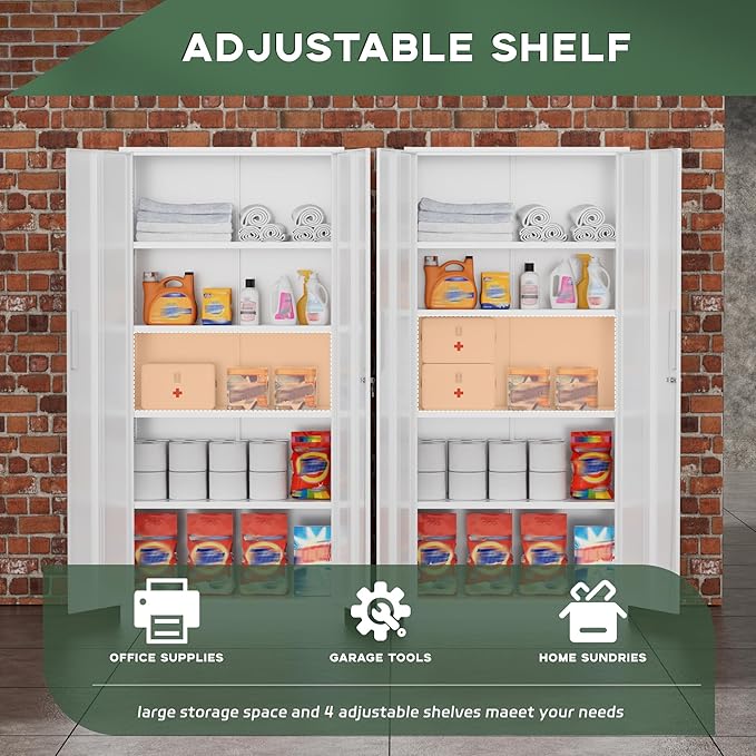 Greenvelly White Metal Storage Cabinet for Garage, 72” Steel Locking Cabinet with Doors and 4 Shelves, Tall Tool Cabinets for Garage Storage Systems Lockable File Cabinet for Home Office, Classroom