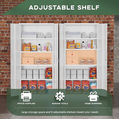 Greenvelly Metal Storage Cabinet, 72" Locking Metal Garage Storage Cabinet with Doors and 4 Adjustable Shelves, White Lockable Steel Cabinet for Home Office, Garage, Shop, School (32" W x 16" D)