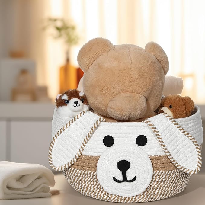 Zopeal Dog Woven Basket Cute Woven Cotton Rope Puppy Animal Storage Basket for Laundry Toy Gift(Khaki, White,13 x 8 Inch)