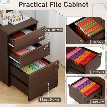 Giantex 3-Drawer File Cabinet with Lock, 27-Inches Storage Cabinet with 2 Side Hooks, Mobile Printer Stand, Wheels, 4 Keys, Vertical Filing Organizer fits Letter/A4 Size for Home Office (Brown)