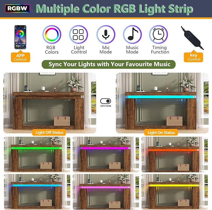 Loomie 63" Long Console Table with LED Lights & Power Outlet, 2-Tier Farmhouse Sofa Table Behind Couch with Storage, Narrow Entryway Tables with Heavy Duty Base for Living Room, Hallway (Brown)