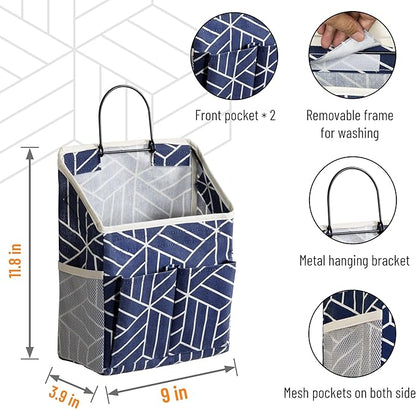 2pcs Wall Hanging Storage Bag, Small Door Closet Linen Fabric Pockets Organizer, Waterproof Multi Functional for Living Room Bedroom Bathroom Kitchen RV Camper with Hooks Pattern Navy