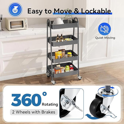 OLIXIS 4 Tier Utility Rolling Cart, Metal Mobile Storage Shelf with Lockable Caster Wheels, Organization for Livingroom, Bathroom & Narrow Places, 4-Tier Gray