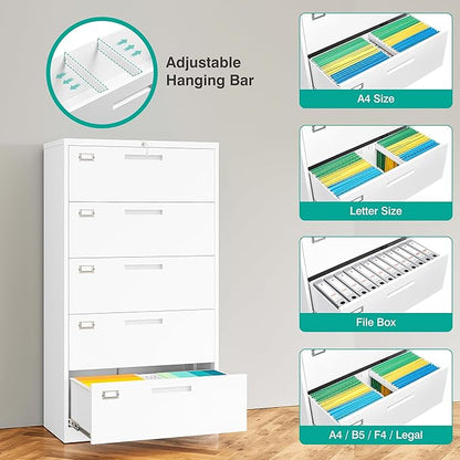 SISESOL 5 Drawer Lateral File Cabinet with Lock,White Lateral Filing Cabinet,Horizontal Metal Filing Cabinets,Large Locked Wide Five Drawer File Cabinets for Office Home,Fit A4/F4/Letter/Legal File