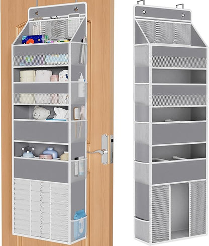 WISELIFE 5-Tier Over the Door Organizer for Hanging - 50LB Heavy-Duty Back of Door Organizer with 5 Spacious Pockets & 13 Mesh Pockets, Multipurpose Storage for Nursery, Bedroom, Closet(1 Pack, Gray)