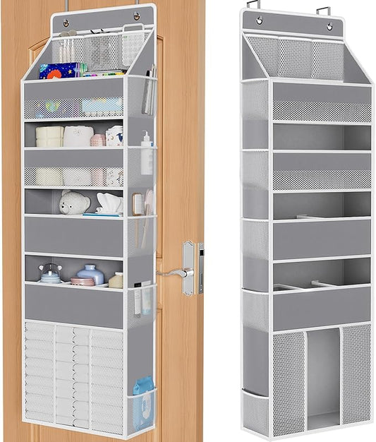 WISELIFE 5-Tier Over the Door Organizer for Hanging - 50LB Heavy-Duty Back of Door Organizer with 5 Spacious Pockets & 13 Mesh Pockets, Multipurpose Storage for Nursery, Bedroom, Closet(1 Pack, Gray)
