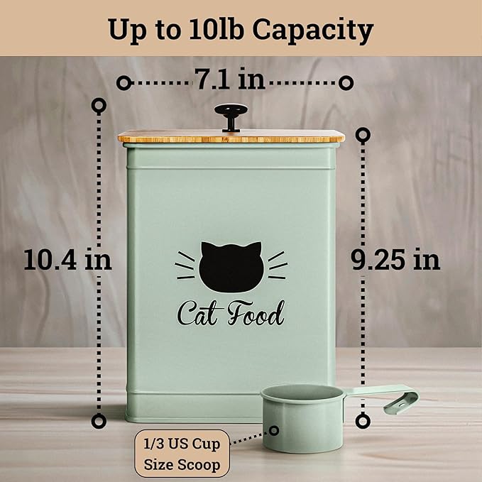Cat Food Storage Container with Scoop - 5-7lb (25 Cup) Capacity Metal Cat Kibble Canister with Airtight Bamboo Lid and Metal Scoop - Airtight Pet Food Storage Containers 5 lb - 7 lb Kibble Container