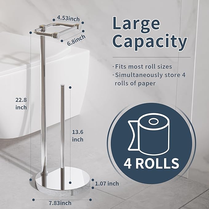 Toilet Paper Holder Stand, Post Pivoting Design Free Standing Toilet Paper Holder with Storage for 4 Rolls, SUS304 Stainless Steel Tissue Holder with Reserve, Heavy-Duty Base (Chrome)