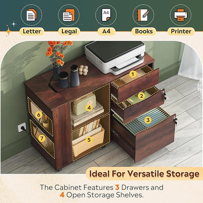 DEVAISE File Cabinet with Lock, 3 Drawer Rolling Mobile Lateral Filing Cabinets with Charging Station Printer Stand with Open Storage Shelves Fits A4 or Letter Size for Home Office Brown Oak